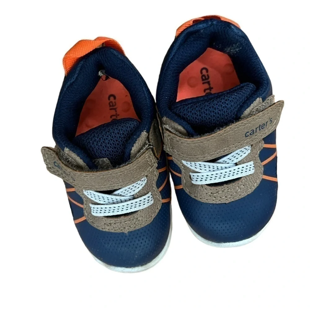 Carters 3M baby sneakers navy blue w/orange & brown accents